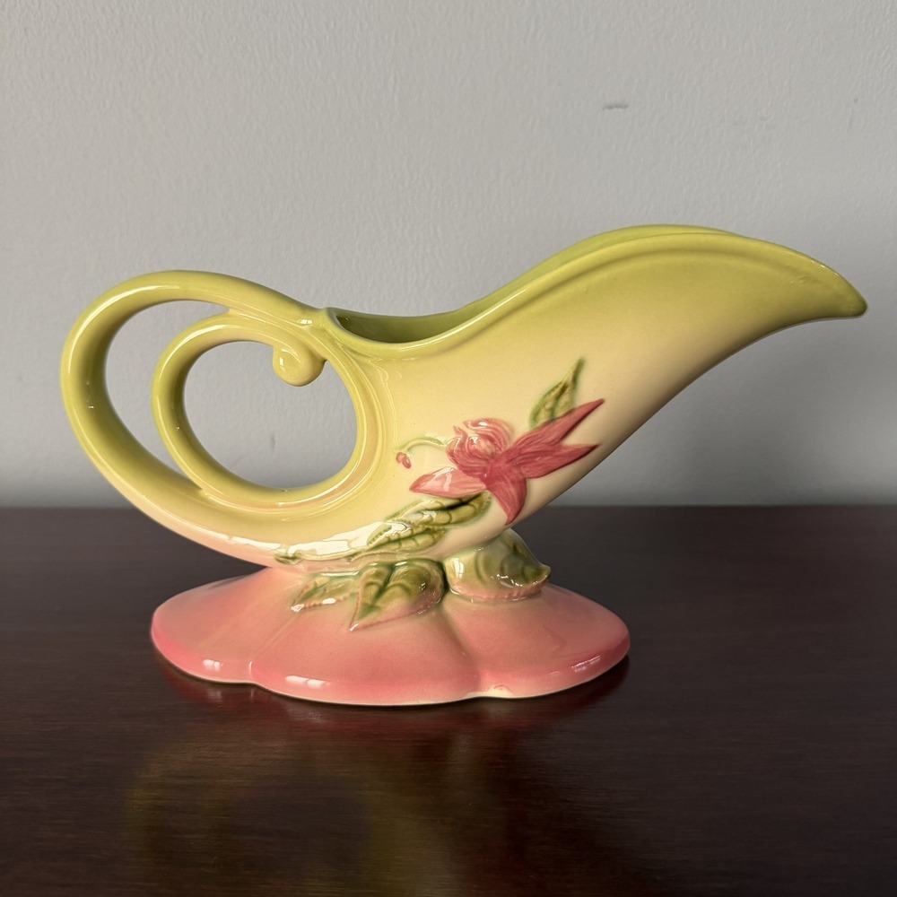 Hull Pottery Woodland Rose Cornucopia Vase Chartreuse Pink W10-11 Vintage